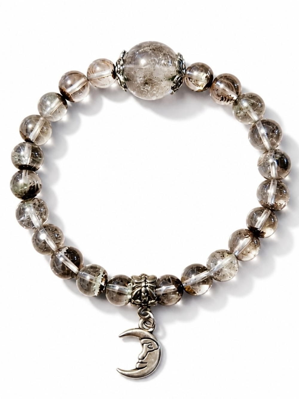 Lodolite Quartz Beaded Bracelet with Crescent Moon Charm